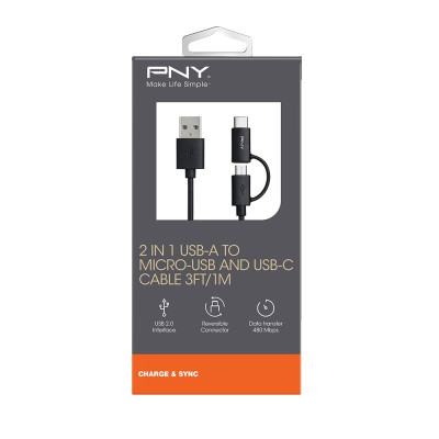 PNY 2 in 1 USB-A to Micro-USB and USB-C Cable - 1m