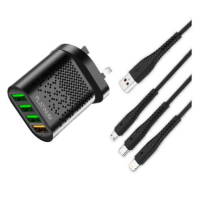 Platinum P-COMVQ3N1BK Vital Series QUAD USB Charger and 3in1 Cable - Black