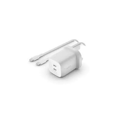 Belkin BoostCharge Pro Dual USB-C GaN Wall Charger with PPS 65W + USB-C to USB-C Cable - White