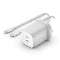 Belkin BoostCharge Pro Dual USB-C GaN Wall Charger with PPS 65W + USB-C to USB-C Cable - White