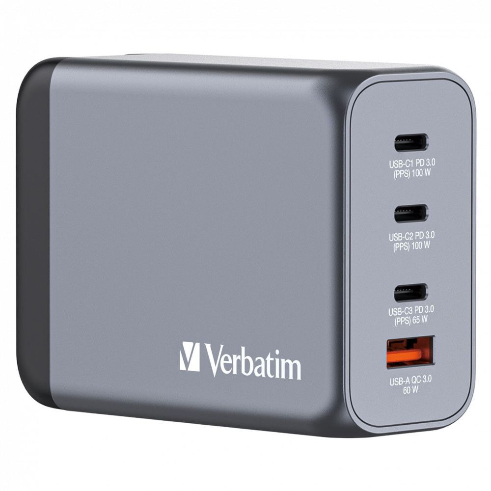 Verbatim GNC-200 GaN Wall Charger 200W with 2 x USB-C PD 100W / 1 x USB-C PD 65W / 1 x USB QC 3.0 (EU/UK/US)