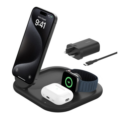 Belkin Wireless Charger Qi2 3-In-1 Magnetic Foldable Charger 15W - Black, WIZ029MYBK