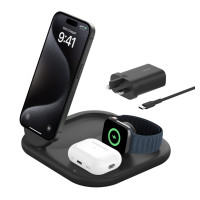Belkin Wireless Charger Qi2 3-In-1 Magnetic Foldable Charger 15W - Black, WIZ029MYBK