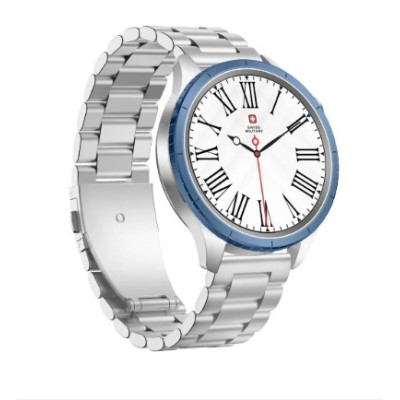 Swiss Military DOM8 Smartwatch - Silver Frame, Steel & Blue Silicone Straps, Blue Ring, 2 Extra Rings (Green/Black)