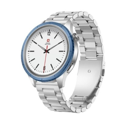 Swiss Military DOM8 Smartwatch - Silver Frame, Steel & Blue Silicone Straps, Blue Ring, 2 Extra Rings (Green/Black)