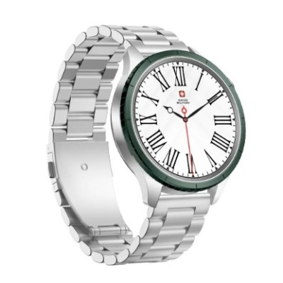 Swiss Military DOM8 Smartwatch - Silver Frame, Steel & Green Silicone Straps, Green Ring, 2 Extra Rings (Black/Blue)