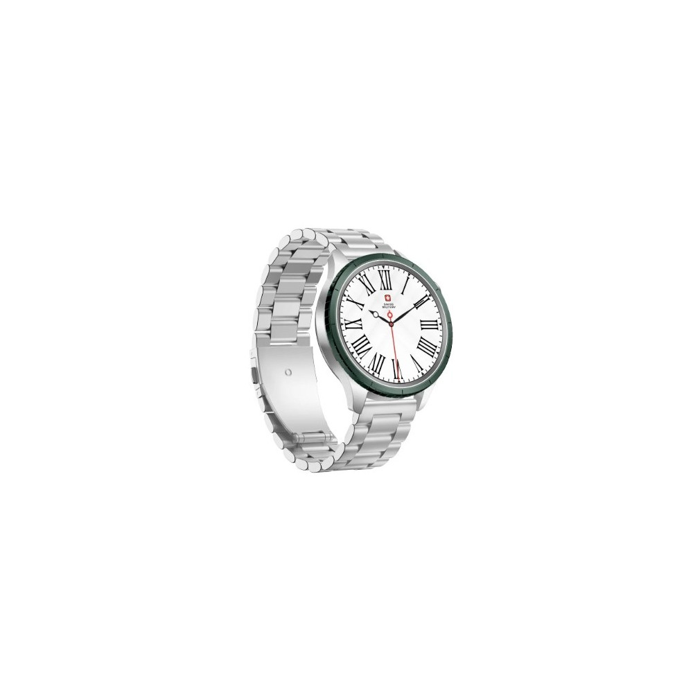 Swiss Military DOM8 Smartwatch - Silver Frame, Steel & Green Silicone Straps, Green Ring, 2 Extra Rings (Black/Blue)