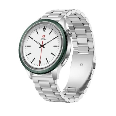 Swiss Military DOM8 Smartwatch - Silver Frame, Steel & Green Silicone Straps, Green Ring, 2 Extra Rings (Black/Blue)