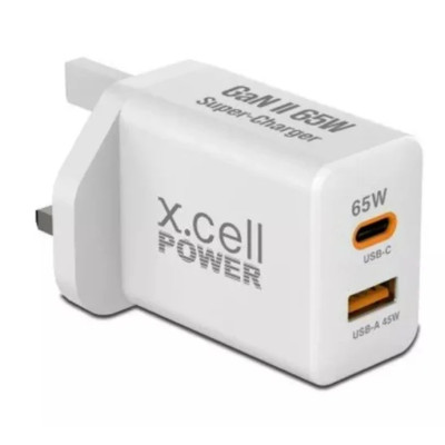 X.Cell GaN Charger 65W with 1Type C Port and 1 USB A Port White