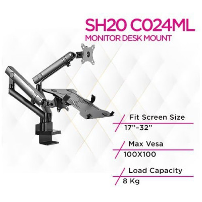 Skill Tech SH 20 C024ML Pole Mounted Gas Spring Assisted Monitor Arm With Laptop Holder