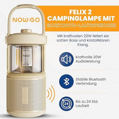 NowGo Felix 2 LED Camping Lamp with Bluetooth Speaker, Sand yellow
