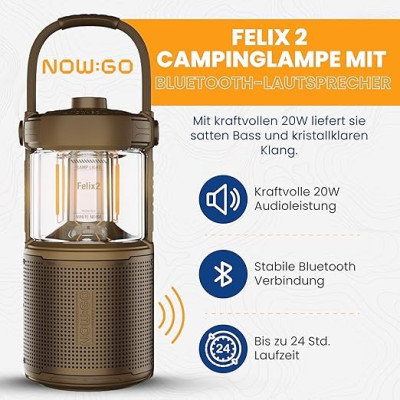 NowGo Felix 2 LED Camping Lamp with Bluetooth Speaker, Black