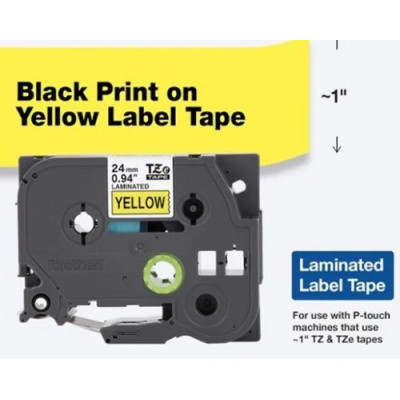 Brother Label Tape 24mm, Durable Lamination, Black On Yellow - TZe-651