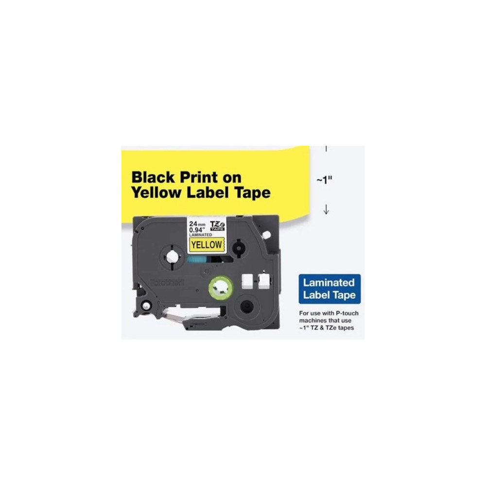 Brother Label Tape 24mm, Durable Lamination, Black On Yellow - TZe-651